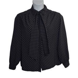 VINTAGE 70s‎ black polka dot button up blouse with neck tie XL